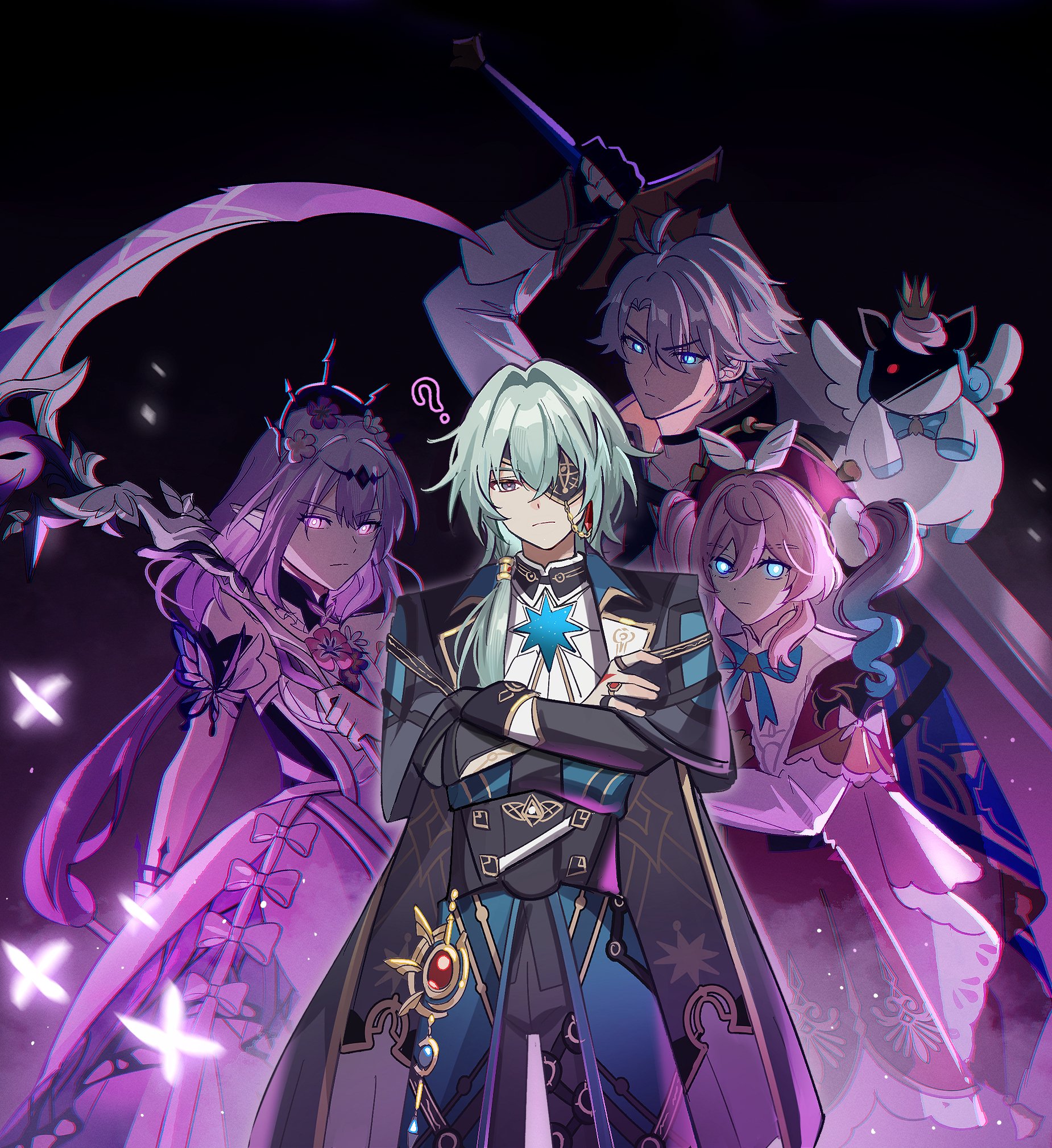 2boys 2girls ? anaxa_(honkai:_star_rail) aqua_eyes aqua_hair beret black_choker black_jacket black_pants black_tiara black_vest castorice_(honkai:_star_rail) chimera_(honkai:_star_rail) choker commentary crossed_arms dress english_commentary eyepatch flower green_hair hair_flower hair_ornament hat highres holding holding_scythe holding_sword holding_weapon honkai:_star_rail honkai_(series) hyacine_(honkai:_star_rail) jacket long_hair looking_at_viewer medium_hair meronppaii multicolored_hair multiple_boys multiple_girls pants phainon_(honkai:_star_rail) pink_hair pointy_ears purple_background purple_eyes purple_hair red_dress scythe short_hair sword tiara twintails two-tone_hair vest weapon white_dress white_hair