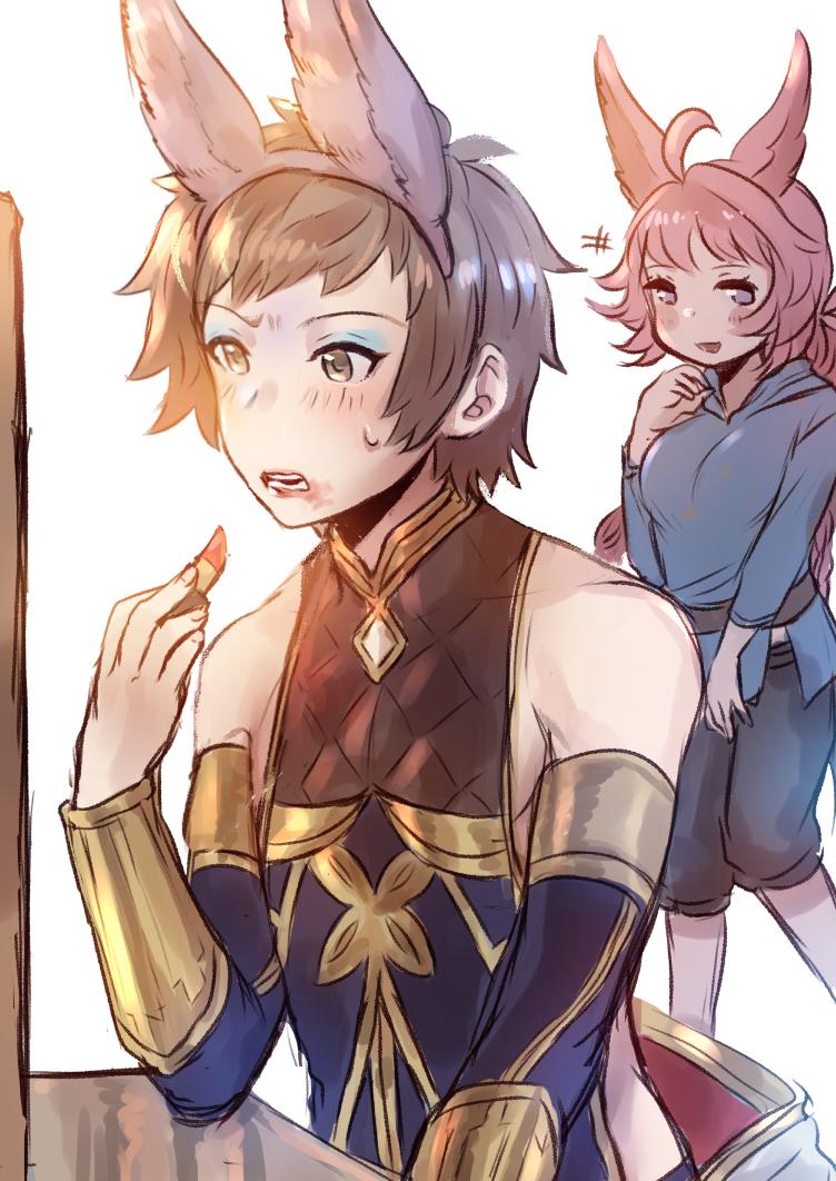 1boy 1girl ahoge animal_ears applying_makeup backless_outfit bare_shoulders belt binik_ex blue_eyeshadow blush bow braid braided_ponytail breasts brown_eyes brown_hair cosmetics cosplay costume_switch crossdressing detached_sleeves ear_ribbon erune eyebrows eyelashes eyeliner eyeshadow failure fake_animal_ears gran_(granblue_fantasy) gran_(granblue_fantasy)_(cosplay) granblue_fantasy headband lips lipstick lipstick_tube looking_at_mirror makeup mirror open_mouth pink_hair purple_eyes single_braid sitting sleeveless sweat sweatdrop sweater table tien_(granblue_fantasy) tien_(granblue_fantasy)_(cosplay) vanity_table