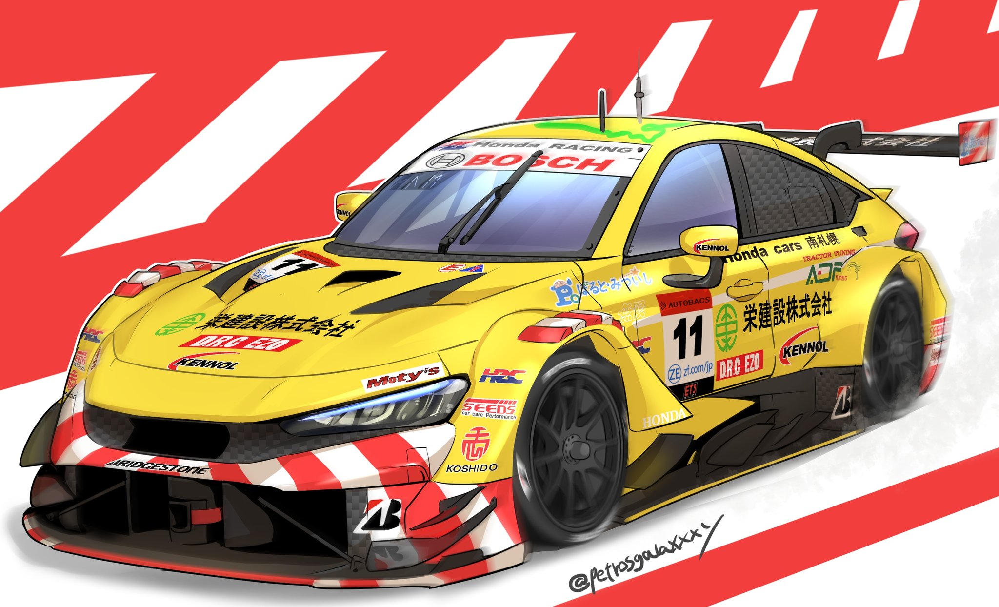 autobacs bridgestone car highres honda honda_civic honda_civic_type_r honda_civic_type_r-gt motion_blur motor_vehicle no_humans original peteron race_vehicle racecar spoiler_(automobile) super_gt twitter_username vehicle_focus yellow_car