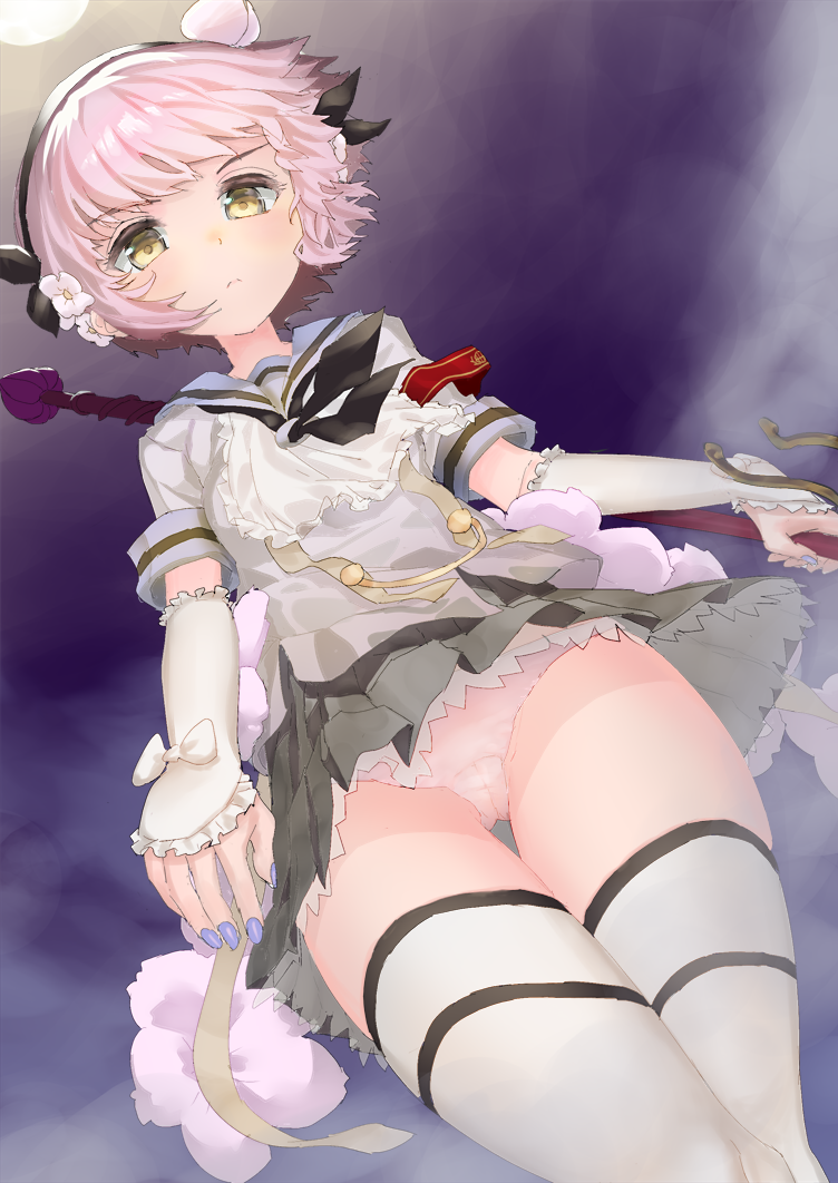 fingernails flower frown glaring lance mahou_shoujo_ikusei_keikaku nail_polish necktie panties pantyshot pink_hair polearm polpol school_uniform snow_white_(mahoiku) solo spoilers thighhighs underwear weapon yellow_eyes zettai_ryouiki