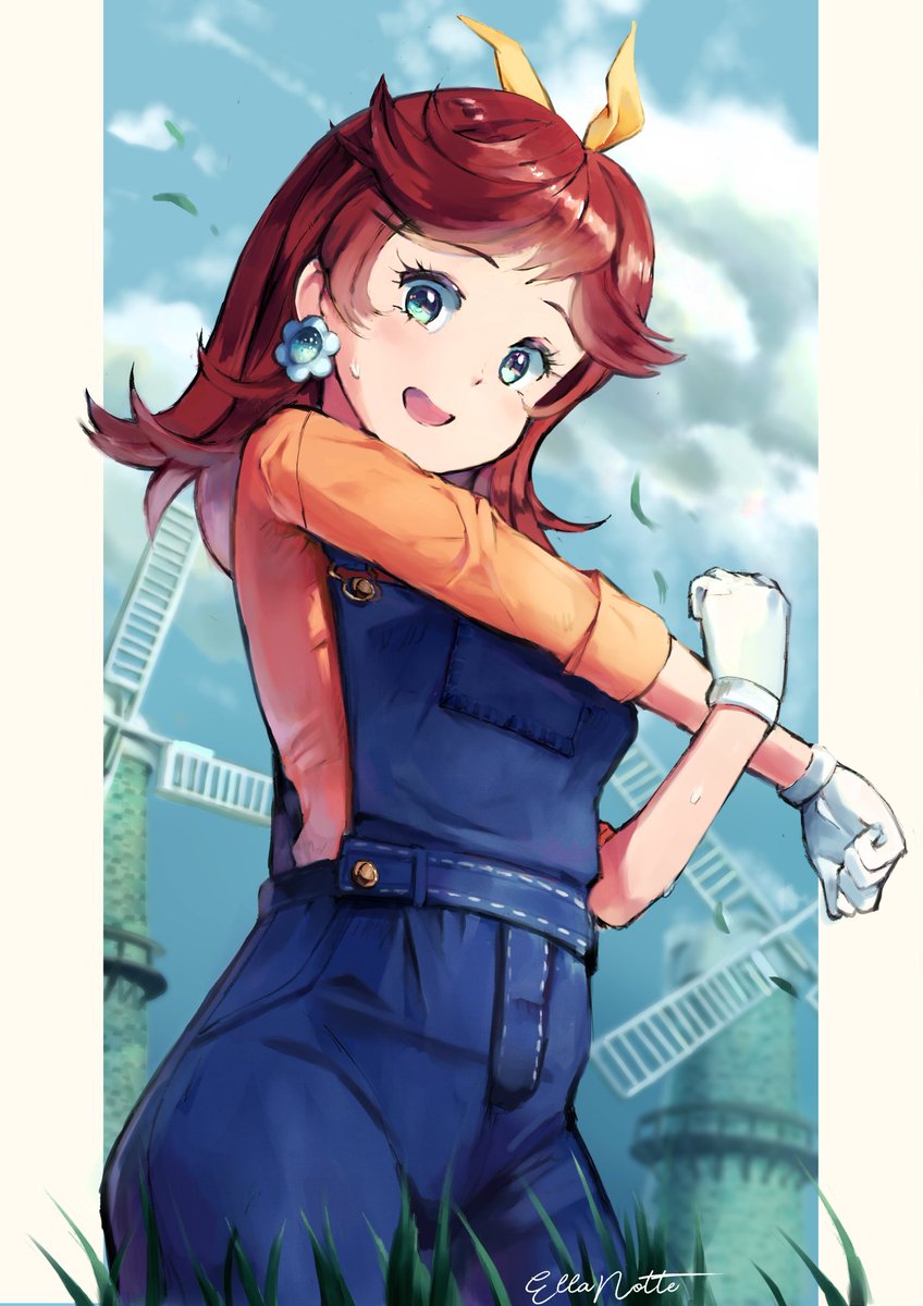 1girl arm_up blue_eyes breasts day earrings ellanotte flower_earrings gloves grass highres jewelry looking_down mario_(series) mario_kart mario_kart_tour nintendo open_mouth overalls princess_daisy red_hair ribbon standing sweat tomboy windmill