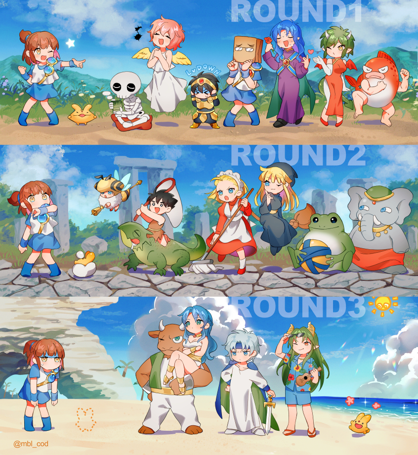 arle_nadja beach blonde_hair blue_eyes blue_hair blue_hairband brown_hair carbuncle_(puyopuyo) choppun draco_centauros gloves green_hair hairband harpy_(puyopuyo) holding holding_sword holding_weapon honey_bee_(puyopuyo) horns incubus_(puyopuyo) kikimora_(puyopuyo) kodomo_dragon_(puyopuyo) lagnus_the_brave long_hair madara_(mbl_cod) madou_monogatari minotaur_(puyopuyo) multiple_girls nohoho_(puyopuyo) pink_hair ponytail puyo_(puyopuyo) puyopuyo rulue_(puyopuyo) satan_(puyopuyo) schezo_wegey skeleton_t suketoudara sword weapon witch_(puyopuyo) zoh_daimaoh