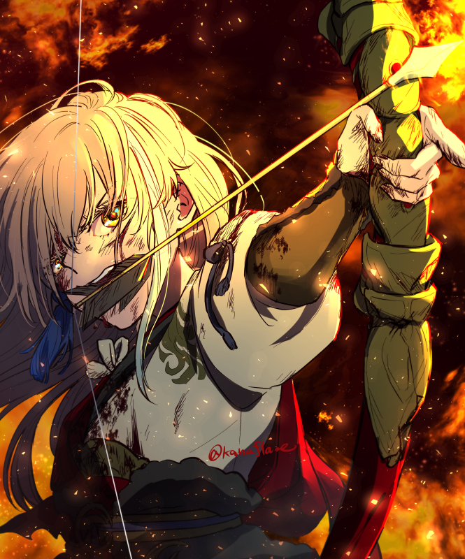 1boy archer_(fate/samurai_remnant) arm_guards arrow_(projectile) blonde_hair bow_(weapon) chinese_clothes dark_background fate/samurai_remnant fate_(series) fire flaming_arrow hair_down hair_ornament hanfu holding holding_bow_(weapon) holding_weapon kana_(kana_ccc) long_hair red_hanfu red_robe robe solo tassel tassel_hair_ornament weapon white_hair white_hanfu yellow_eyes