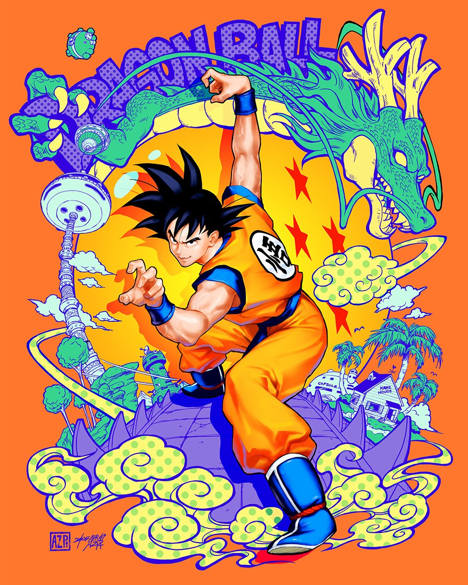 1boy animal_hands ankle_boots az_pt black_eyes black_hair blue_footwear blue_outline blue_sash blue_shirt boots bush capsule_corp car claws cliff closed_mouth clothes_writing cloud colorful copyright_name crack cracked_floor dated dougi dragon dragon_ball dragon_ball_(classic) dragon_ball_(object) dragon_claw dragon_horns dragonball_z eastern_dragon facing_viewer fighting_stance fingernails flying_nimbus foreshortening full_body grass green_scales grin hands_up highres horns house island kame_house kami&#039;s_lookout karin_tower looking_afar male_focus military_base motor_vehicle mountain muscular muscular_male namek no_pupils north_kaiou&#039;s_planet obi open_window orange_background orange_pants outline palm_tree pants path perspective planet polka_dot pop_art road rope sand sash scales shadow sharp_teeth shenron_(dragon_ball) shirt short_sleeves signature simple_background smile snake_way son_goku spiked_hair stairs standing star_(symbol) teeth tower tree undershirt veins veiny_arms whiskers window wristband