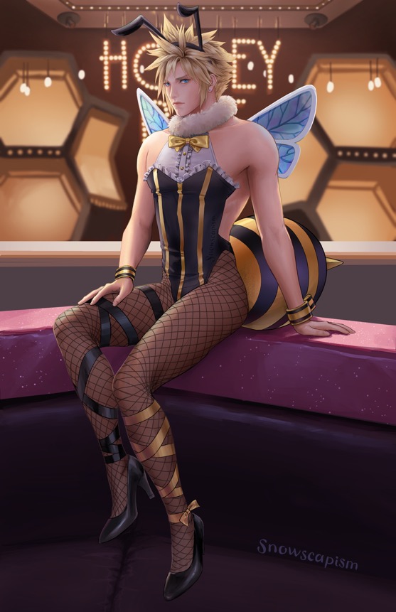 1boy animal_ears bee_costume cloud_strife crossdressing fake_antennae fake_wings final_fantasy final_fantasy_vii high_heels honey_bee_inn honeycomb_pattern leotard muscular snowscapism wall_market wings