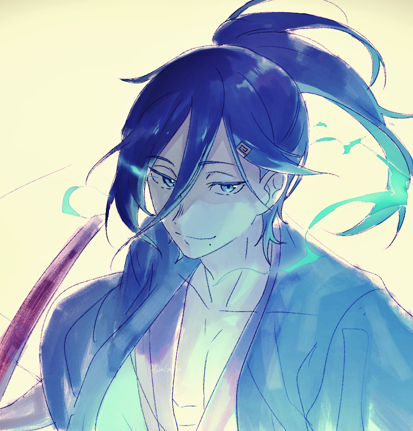 1boy bad_id bad_pixiv_id blue_eyes blue_hair cecilus_segmunt dark_blue_hair hair_between_eyes hair_ornament harusabin japanese_clothes katana male_focus mole mole_under_mouth ponytail re:zero_kara_hajimeru_isekai_seikatsu solo sword weapon