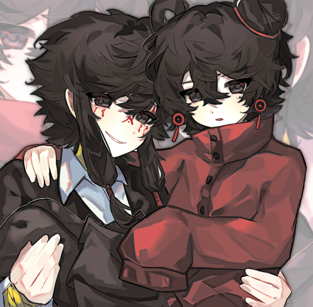 1boy 1girl black_eyes black_hair black_jacket black_pantyhose black_skirt carrying carrying_person chinese_commentary collared_shirt commentary_request earrings facepaint hair_between_eyes hair_bun hair_rings hand_on_another&#039;s_shoulder hand_on_another&#039;s_waist high_collar jacket jewelry li_yuting_(female) long_sleeves male_focus mole mole_under_eye pantyhose parted_lips pleated_skirt princess_carry red_jacket shirt short_hair short_hair_with_long_locks single_hair_bun single_hair_ring skirt sleeves_past_fingers sleeves_past_wrists touqi_guaitan variant_set white_shirt zhixiang_chifan ziche_fuzhao zoom_layer