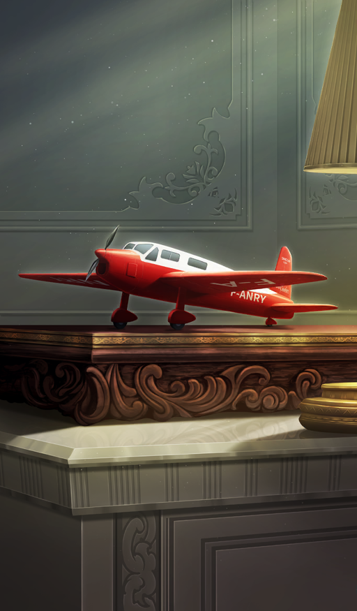 aircraft airplane commentary fate/grand_order fate_(series) indoors lampshade lasengle light_particles light_rays miniature model_airplane no_humans object_focus official_art still_life third-party_source toy_airplane
