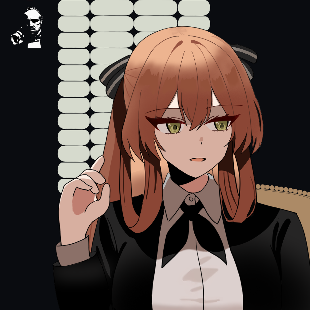 1girl alternate_costume azaru33 black_jacket girls&#039;_frontline girls&#039;_frontline_2:_exilium green_eyes hair_ornament hair_ribbon hand_up jacket long_hair long_sleeves looking_at_viewer open_clothes open_jacket open_mouth orange_hair ribbon shirt simple_background solo springfield_(girls&#039;_frontline) springfield_(girls&#039;_frontline_2) the_godfather upper_body white_shirt