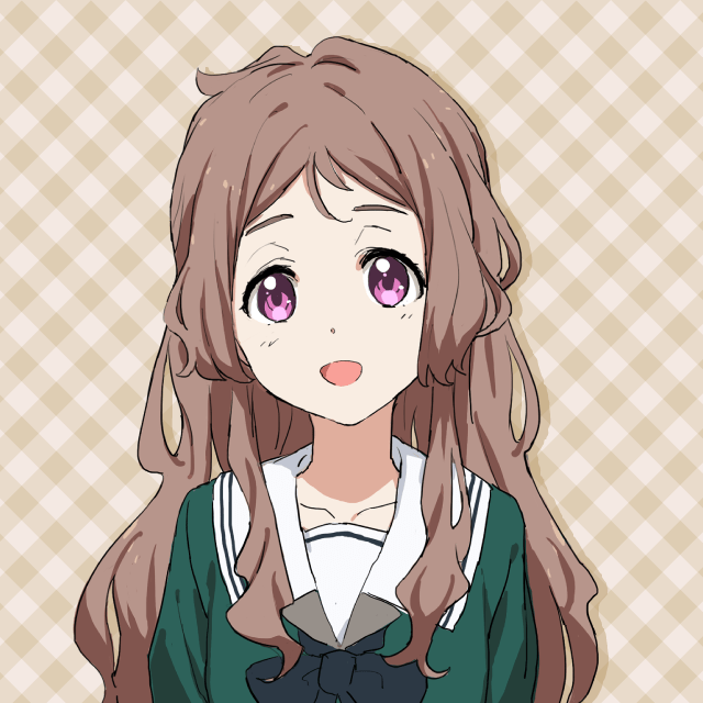 1girl 22/7 22/7_ongaku_no_jikan :d arms_at_sides black_bow black_bowtie bow bowtie brown_background brown_hair collarbone drop_shadow green_shirt long_hair long_sleeves looking_at_viewer misaki_kokoa official_art open_mouth parted_bangs portrait purple_eyes rokubanchou_school_uniform sailor_collar school_uniform serafuku shirt sidelocks smile solo white_background white_sailor_collar winter_uniform