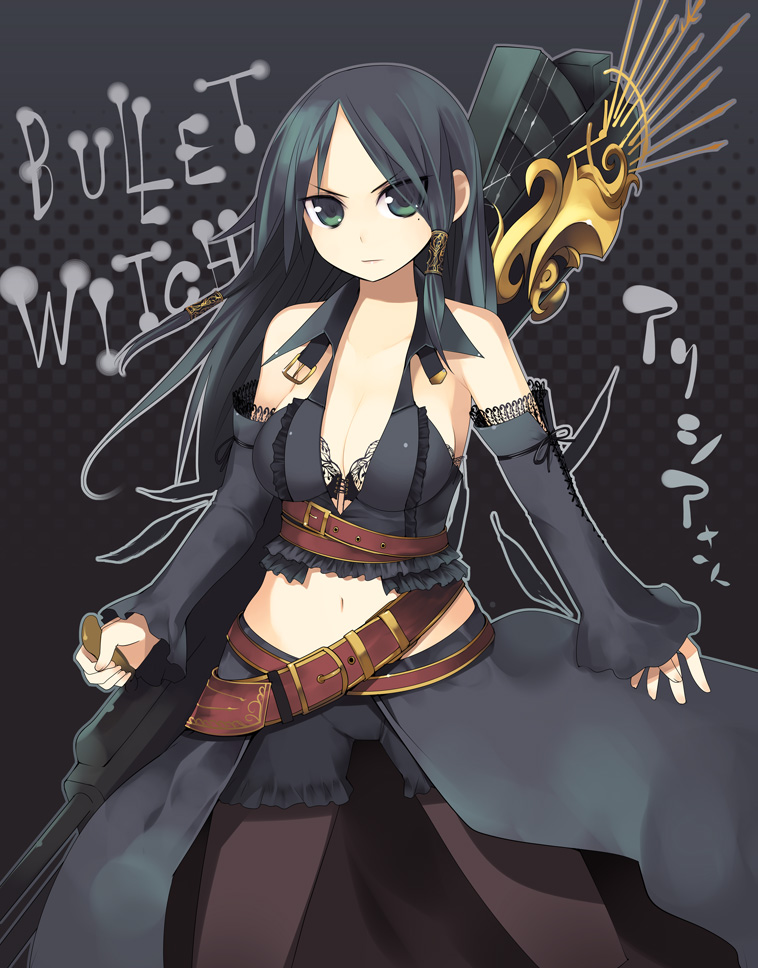 1girl alicia_(bullet_witch) aq_interactive bare_shoulders belt black_bra black_hair bra breasts bullet_witch cavia cleavage detached_sleeves female_focus goth_fashion green_eyes hair_tubes kashiwamochi_yomogi long_hair midriff mole navel open_belt pantyhose shorts solo underwear waist_cape weapon