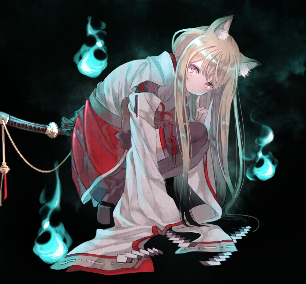 1girl :| animal_ears black_background black_footwear black_hair black_skirt black_thighhighs closed_mouth dark detached_sleeves expressionless eyelashes female_focus flower_knot fox_ears fox_girl fox_shadow_puppet from_side full_body geta gradient_hair hand_up hitodama japanese_clothes katana kimono light_brown_hair long_hair long_sleeves looking_at_viewer multicolored_hair original oro_ponzu pleated_skirt red_eyes ribbon-trimmed_sleeves ribbon_trim sandals scabbard sheath sheathed shide simple_background skirt sleeveless sleeveless_kimono sleeves_past_wrists solo spirit spirits squatting sword tareme tassel thighhighs two-tone_hair very_long_sleeves weapon wide_sleeves zettai_ryouiki