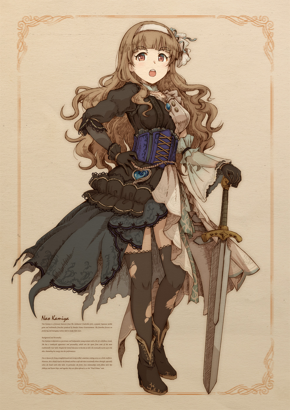 1girl asymmetrical_clothes asymmetrical_dress asymmetrical_sleeves birthday black_boots black_gloves black_thighhighs blue_gemstone blunt_bangs boots border bow breasts brown_eyes brown_hair character_name collarbone commentary_request corset detached_sleeves dress english_text fantasy frilled_dress frilled_gloves frills full_body gem gloves hair_bow hair_ribbon hairband hand_on_hilt hand_on_own_hip heart high_heel_boots high_heels highres idol idol_clothes idolmaster idolmaster_cinderella_girls idolmaster_cinderella_girls_starlight_stage kamiya_nao layered_dress long_hair looking_at_viewer medium_breasts official_alternate_costume official_alternate_hairstyle open_mouth outside_border planted planted_sword planted_weapon purple_corset ribbon satomura_kyou see-through_clothes see-through_sleeves sidelocks single_detached_sleeve solo standing sword teeth thighhighs torn_clothes torn_thighhighs upper_teeth_only wavy_hair weapon white_bow white_hairband