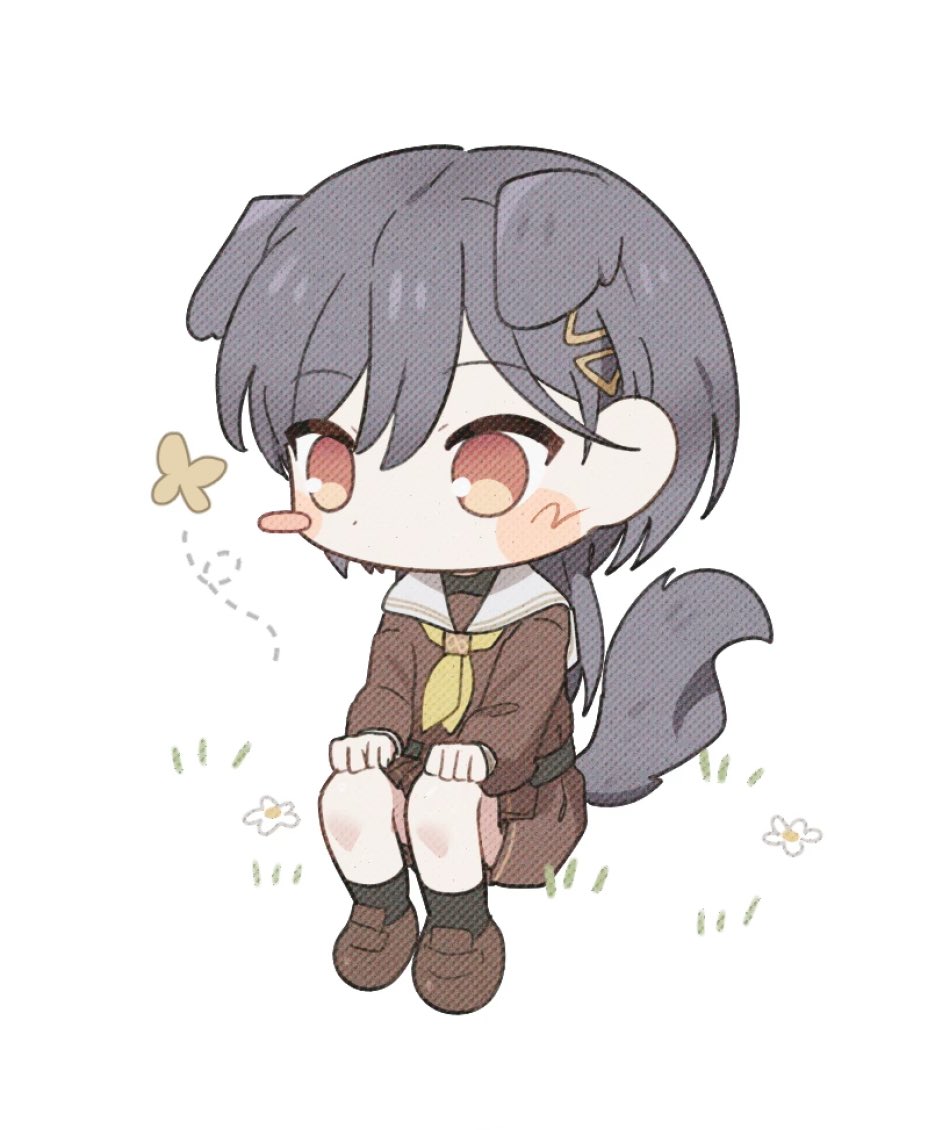 1girl animal_ears black_socks brown_dress brown_shoes bug butterfly chibi chibi_only churhami dog_ears dog_girl dog_tail dress flower grey_hair hair_ornament hands_on_own_knees hasu_no_sora_school_uniform insect katsuragi_izumi kemonomimi_mode knees_up link!_like!_love_live! loafers long_hair long_sleeves love_live! medium_dress neckerchief on_grass orange_eyes pleated_dress sailor_collar sailor_dress school_uniform shoes simple_background sitting slit_pupils socks solo tail triangle_hair_ornament virtual_youtuber white_background white_flower white_sailor_collar winter_uniform wolf_cut yellow_neckerchief