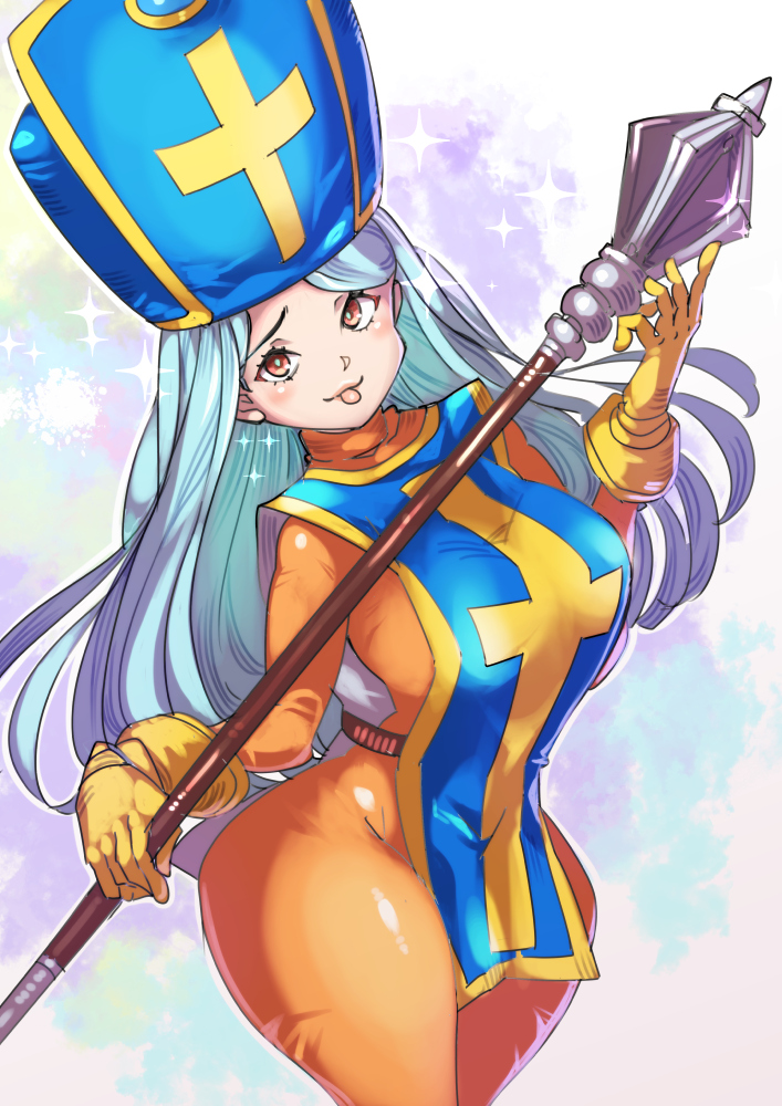 1girl blue_hat blue_tabard blush bodysuit breasts cowboy_shot cross dragon_quest dragon_quest_iii gloves grey_hair hat holding holding_staff kuwango large_breasts long_hair looking_at_viewer orange_bodysuit orange_eyes priest_(dq3) solo sparkle staff swept_bangs tabard tongue tongue_out turtleneck yellow_gloves