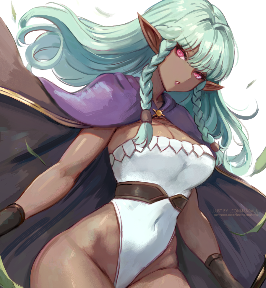 1girl aqua_hair artist_name belt black_cape braid breasts brown_belt cape capelet cleavage covered_navel dark-skinned_female dark_elf dark_skin elf floating_hair gold_trim grey_background highleg highleg_leotard leonmandala leotard lips long_hair looking_at_viewer medium_breasts parted_lips pink_eyes pink_lips pointy_ears purple_capelet rosalinde_(unicorn_overlord) simple_background solo strapless strapless_leotard thighs twin_braids unicorn_overlord white_leotard
