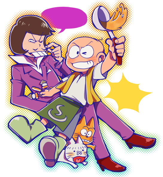 2boys apron bald brown_hair buck_teeth chibita facial_mark food green_apron grin holding holding_ladle iyami ladle looking_at_viewer multiple_boys oden osomatsu-kun osomatsu-san osomatsu_(series) red_footwear smile speech_bubble teeth tsubuta_hiro twirling_mustache waist_apron