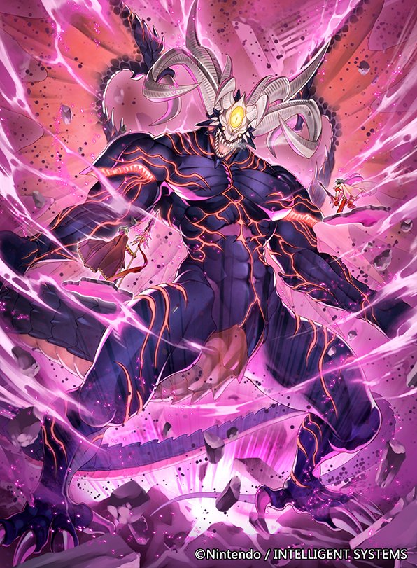1boy 1girl abs brother_and_sister cape commentary_request company_name debris eirika_(fire_emblem) ephraim_(fire_emblem) fire_emblem fire_emblem:_the_sacred_stones fire_emblem_cipher fomortiis_(fire_emblem) holding holding_polearm holding_sword holding_weapon horns monster nintendo official_art polearm sharp_teeth siblings sword tail teeth weapon wings yoneko_okome