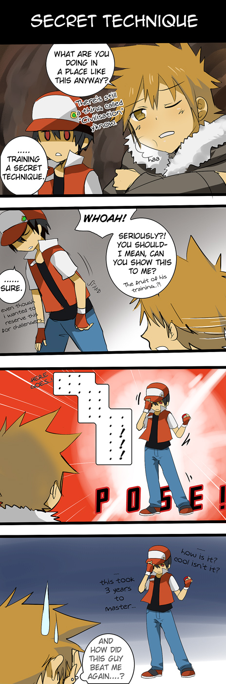 00s 1990s_(style) 2boys 4koma artist_request baseball_cap black_hair blue_oak blue_oak_(pokemon_hgss) brown_eyes brown_hair closed_eyes coat comic english_text facepalm gloves hat highres holding holding_poke_ball multiple_boys nintendo poke_ball pokemon pokemon_hgss pokemon_rgby red_(pokemon) red_eyes retro_artstyle sweat
