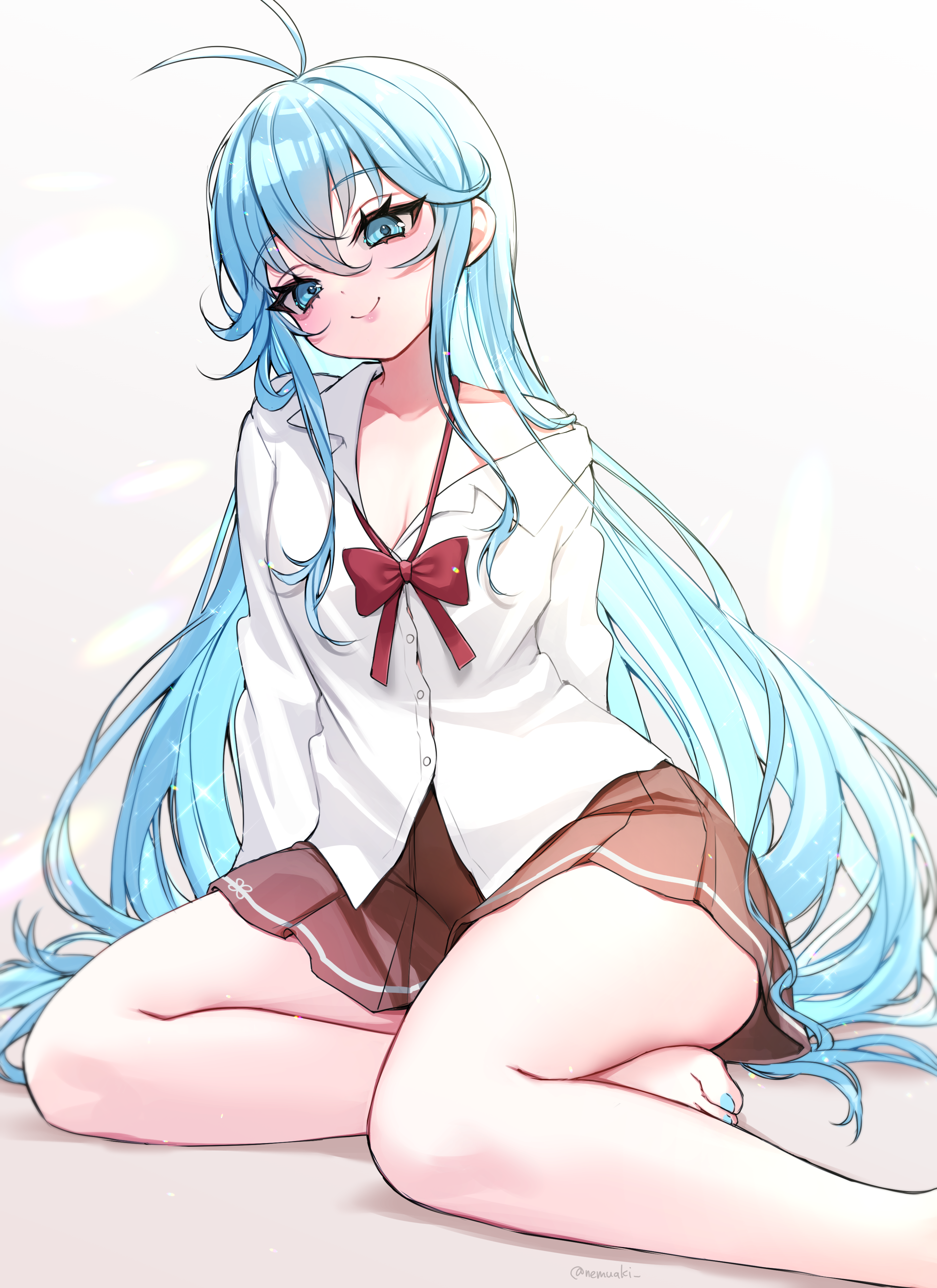 1girl absurdres aegyo_sal antenna_hair arms_behind_back barefoot blue_eyes blue_hair bow bowtie breasts brown_skirt cleavage closed_mouth collared_shirt denpa_onna_to_seishun_otoko hair_between_eyes hair_spread_out head_tilt highres long_hair long_sleeves looking_at_viewer loose_bowtie miniskirt nemuaki pleated_skirt red_bow red_bowtie school_uniform shirt single_off_shoulder sitting skirt smile solo thighs touwa_erio very_long_hair white_shirt