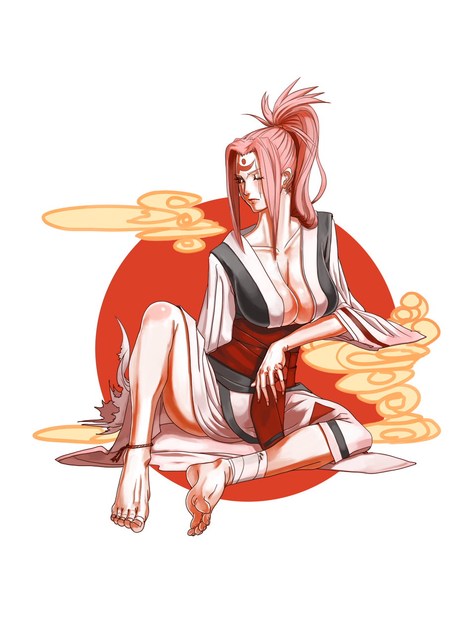 1girl amputee ankle_wrap anklet arc_system_works baiken bandages barefoot breasts cleavage facepaint feet female_focus full_body guilty_gear highres hyperman_ys japanese_clothes jewelry large_breasts law one_eye_closed pink_eyes pink_hair ponytail scar simple_background smoke solo tattoo wink