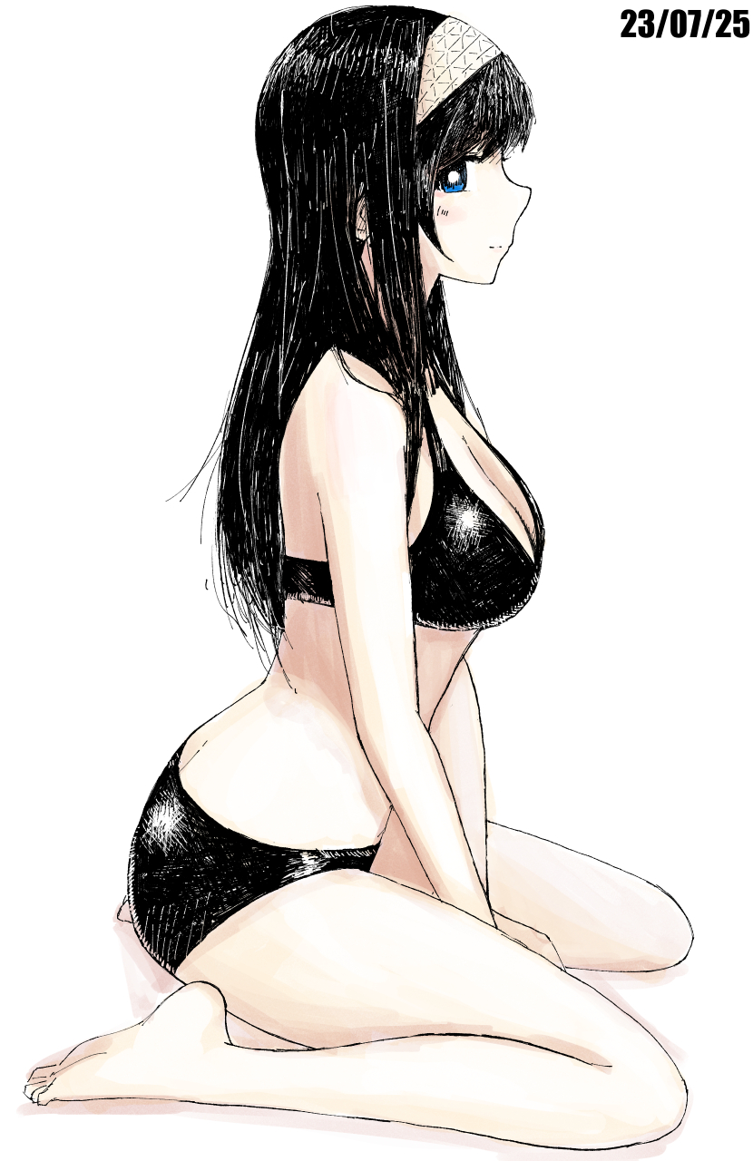 1girl bare_legs bare_shoulders barefoot bikini black_bikini black_hair blue_eyes blush breasts bright_pupils butt_crack cleavage dated from_side hairband highres idolmaster idolmaster_cinderella_girls kneeling koitusmile large_breasts long_hair looking_at_viewer own_hands_together sagisawa_fumika sideways_glance sitting sketch soles swimsuit thighs toes white_background white_hairband