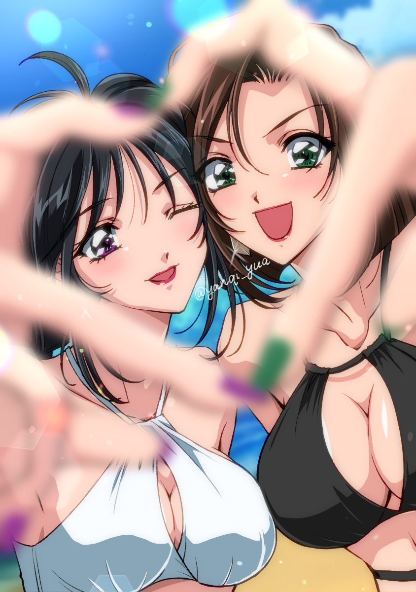 2girls ahoge beach bikini black_hair blue_sky blurry braid breasts cleavage cloud day depth_of_field green_eyes green_nails heart heart_hands highres kobayakawa_miyuki large_breasts lips long_hair multiple_girls nail_polish outdoors purple_eyes purple_nails short_hair single_braid sky swimsuit taiho_shichauzo tsujimoto_natsumi twitter_username upper_body white_bikini yanqi