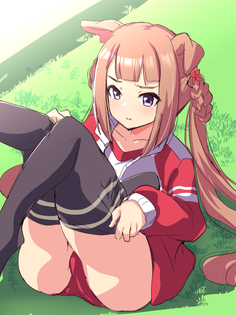 1girl adjusting_buruma adjusting_clothes animal_ears black_thighhighs brown_hair buruma grass gym_uniform horse_ears horse_girl jacket muneshiro_(hitsuji_kikaku) purple_eyes sitting solo sweep_tosho_(umamusume) thighhighs twintails twitter umamusume