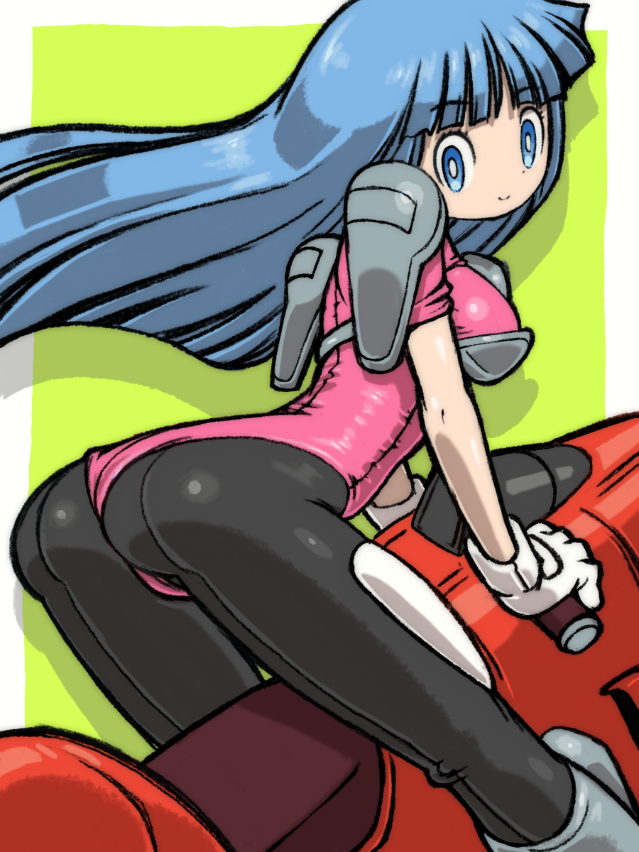 1girl ass back-seamed_legwear beeru_(veil8801) black_pantyhose blue_eyes blue_hair breasts bright_pupils burning_force closed_mouth drop_shadow floating_hair gloves highres hover_bike leotard long_hair medium_breasts pantyhose pink_leotard seamed_legwear smile solo tengenji_hiromi white_gloves white_pupils