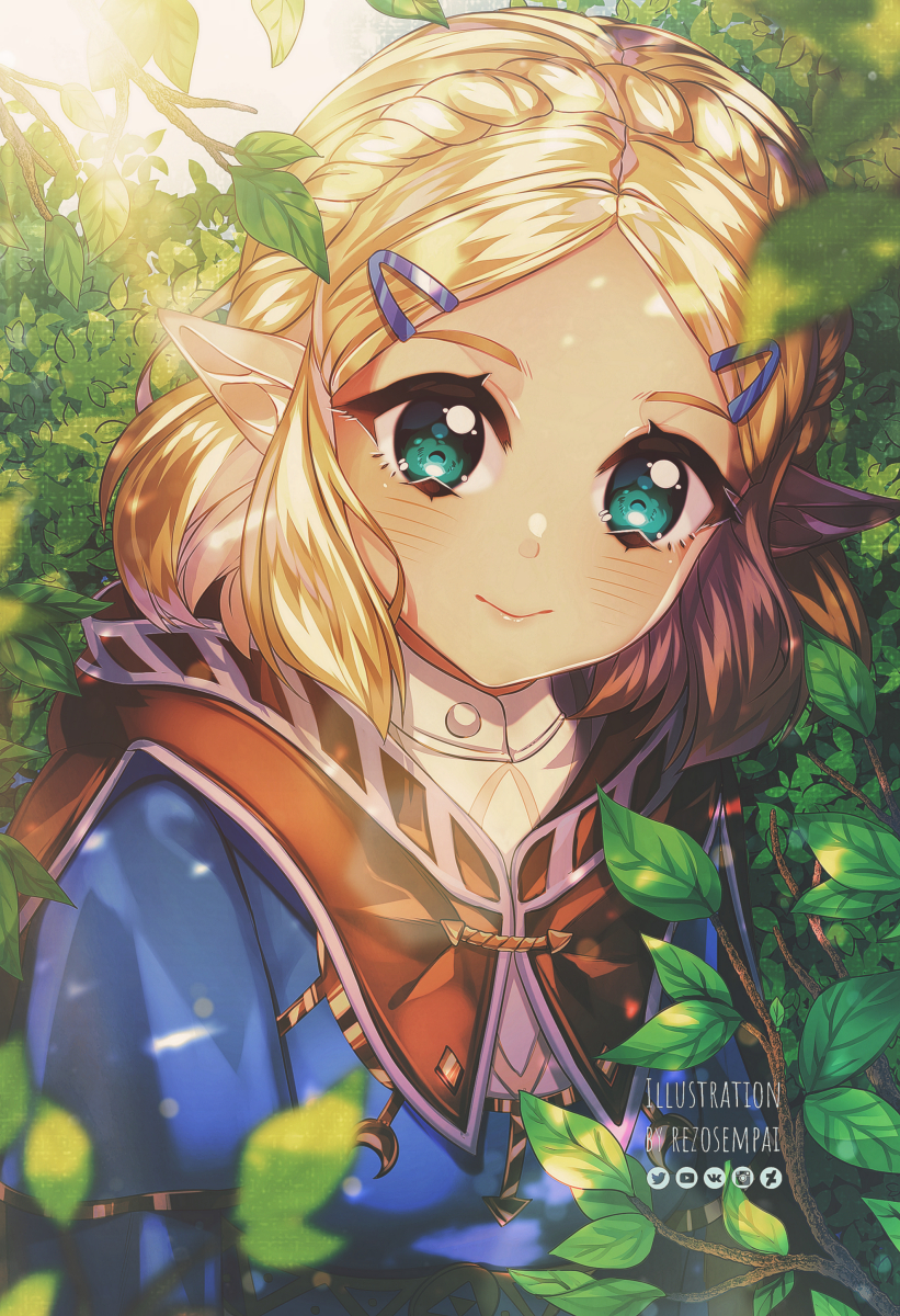 1girl aqua_eyes artist_name blonde_hair blush braid brown_hood by_mirin clip_studio_paint_(medium) closed_mouth commentary crown_braid day deviantart_logo english_commentary hair_ornament hairclip highres hood hood_down instagram_logo looking_at_viewer medium_hair nature nintendo outdoors pointy_ears princess_zelda smile solo the_legend_of_zelda the_legend_of_zelda:_breath_of_the_wild twitter_logo upper_body vkontakte_logo youtube_logo