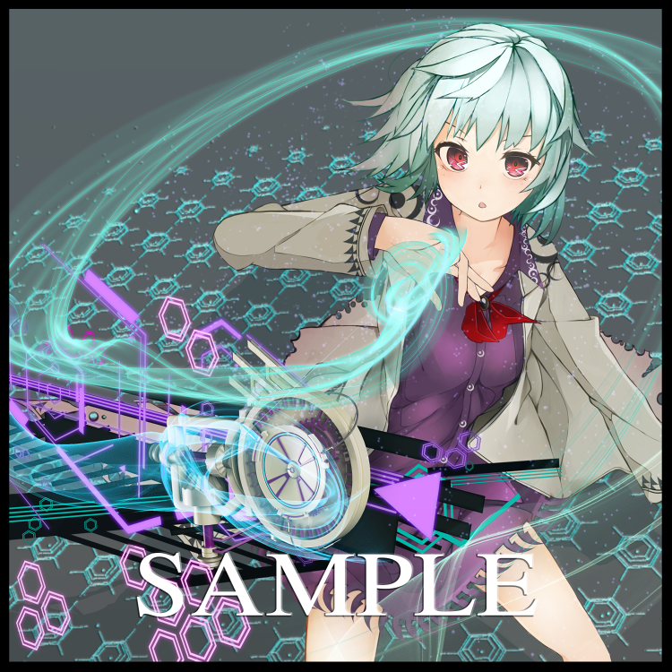 1girl border bow bowtie dress female_focus kishin_sagume long_sleeves looking_at_viewer no_wings open_mouth purple_dress radiosity_(yousei) red_eyes sample_watermark short_hair silver_hair solo touhou vest watermark