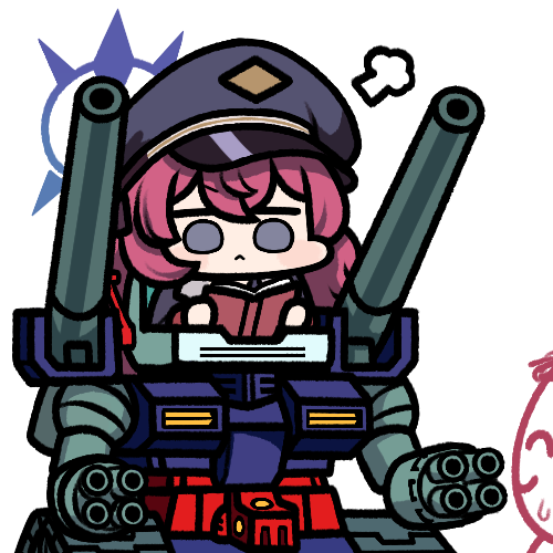 1boy 1girl doodle_sensei_(blue_archive) blue_archive book chibi grey_eyes gundam guntank halo hat iroha_(blue_archive) jazz_jack long_hair lowres mecha military_hat mobile_suit_gundam reading red_hair riding robot sensei_(blue_archive) sweatdrop white_background