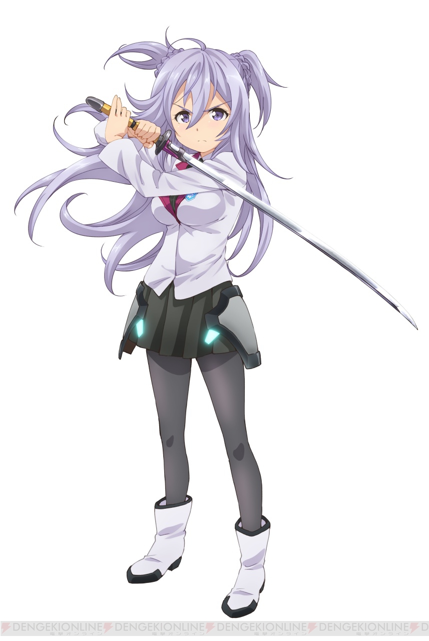 10s 1girl black_pantyhose black_skirt blush boots bow bowtie braid breasts dengeki eyebrows female_focus full_body gakusen_toshi_asterisk gradient_background gradient_hair highres holding holding_sword holding_weapon kawakami_tetsuya leaning_to_the_side leg_up light_purple_hair long_hair long_sleeves looking_at_viewer medium_breasts multicolored_hair pantyhose petals purple_eyes school_uniform sheath silver_hair skirt solo standing sword toudou_kirin two_side_up weapon wide_sleeves