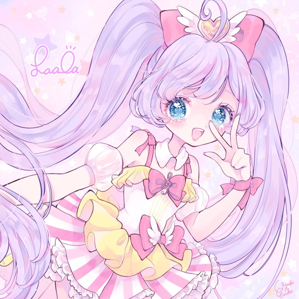 1girl :d ahoge bare_shoulders blue_eyes blush bow character_name commentary_request cowboy_shot detached_sleeves dress frilled_dress frills hair_bow hand_up idol_clothes long_hair looking_at_viewer manaka_laala multicolored_dress open_mouth pink_background pink_bow pretty_series pripara puffy_detached_sleeves puffy_sleeves purple_hair sleeveless sleeveless_dress smile solo standing treble_clef twintails uzuki_aki very_long_hair w w_over_eye