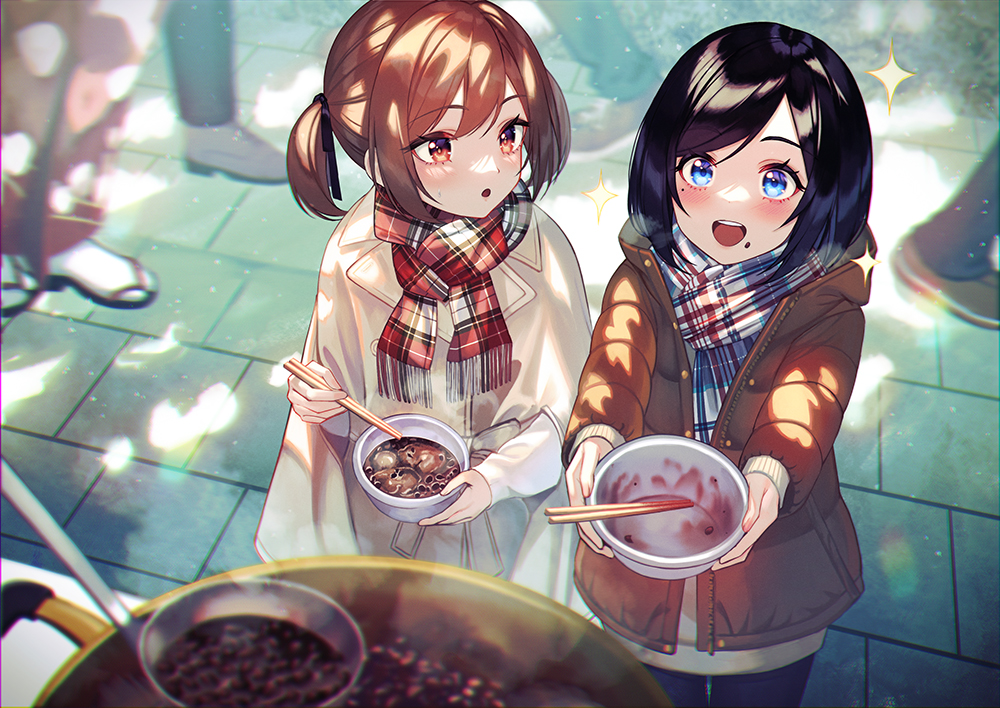 2girls black_hair blue_eyes blush bowl brown_coat brown_eyes brown_hair character_request chopsticks coat copyright_request food from_above holding holding_bowl holding_chopsticks holding_ladle japanese_clothes kimono ladle looking_at_another medium_hair mole mole_under_eye mole_under_mouth multiple_girls parted_bangs scarf short_twintails sidelocks twintails unowen white_coat