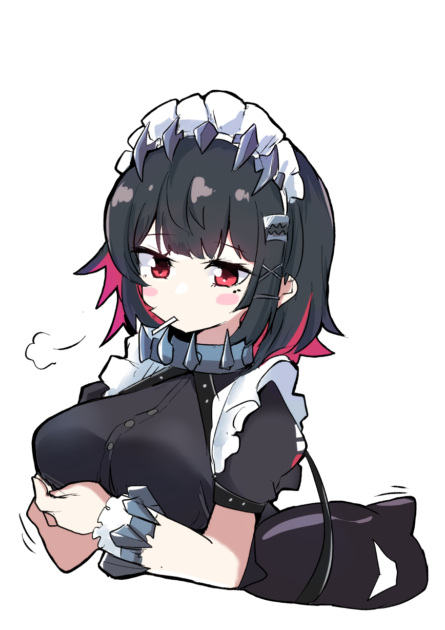 1girl arms_under_breasts bangboo_(zenless_zone_zero) black_hair blunt_bangs breasts candy colored_inner_hair ellen_joe food frilled_wristband hair_ornament heka=ton highres large_breasts lollipop looking_at_viewer maid maid_headdress metal_hairband mole mole_under_eye multicolored_hair red_eyes shark_girl short_hair short_sleeves simple_background solo spiked_headband upper_body white_background zenless_zone_zero