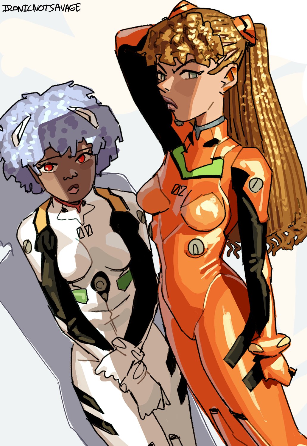 2girls alternate_skin_color arm_up ayanami_rei blue_eyes blue_hair bodysuit braid breasts brown_hair dark-skinned_female dark_skin frown hand_on_own_wrist highres interface_headset_(evangelion) ironicnotsavage kinky_hair looking_at_viewer mecha_pilot_suit multiple_girls neon_genesis_evangelion plugsuit_(evangelion) red_bodysuit red_eyes short_hair souryuu_asuka_langley thick_lips twintails v-shaped_eyebrows very_dark_skin white_bodysuit