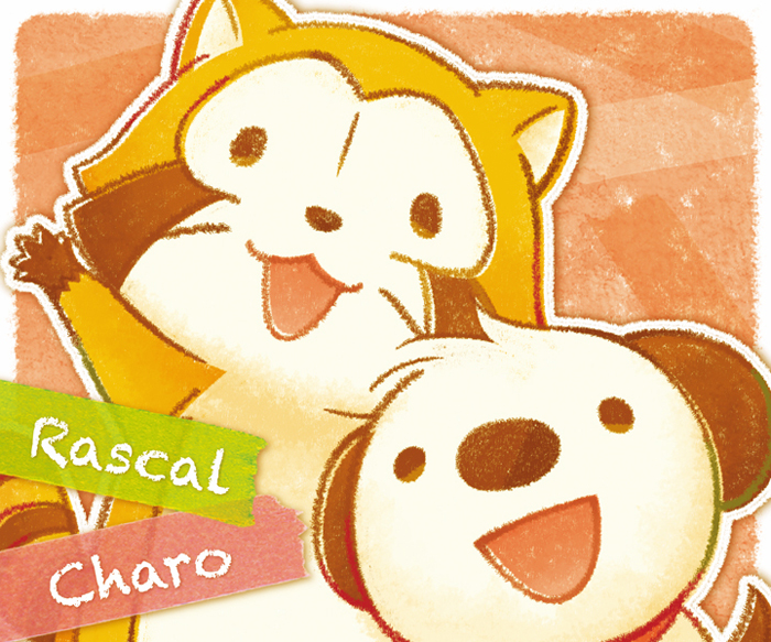 animal animal_focus araiguma_rascal arm_up border character_name charo commentary_request dog little_charo looking_at_viewer no_humans open_mouth outline raccoon rascal_(araiguma_rascal) sepia_(sepia_la_mode) solid_circle_eyes white_border white_outline