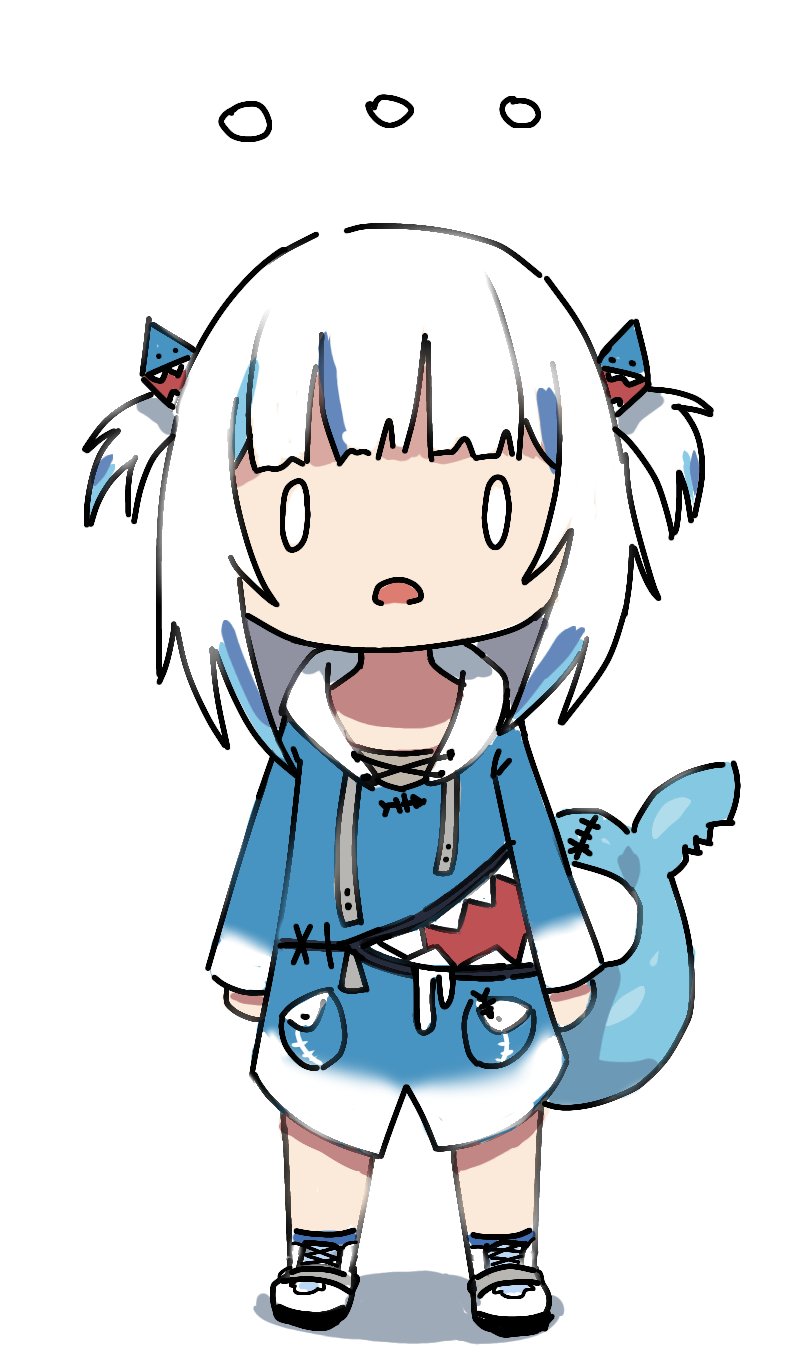 ... 0_0 1girl blue_hair blue_hoodie blue_socks chibi child collarbone commentary drawstring fins fish_tail full_body gawr_gura hair_ornament highres hololive hololive_english hood hood_down hoodie long_sleeves looking_at_viewer multicolored_hair open_mouth shadow shark_tail shoes simple_background socks solo streaked_hair tail two_side_up virtual_youtuber wersman white_background white_hair white_shoes