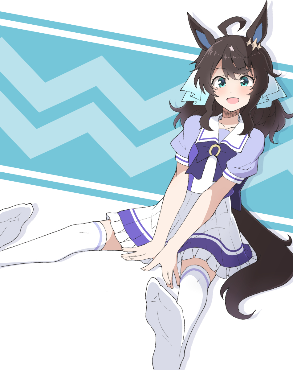 1girl ahoge animal_ears black_hair blue_eyes blush breasts collarbone commentary_request daring_tact_(umamusume) highres horse_ears looking_at_viewer medium_breasts medium_hair nel-c no_shoes school_uniform simple_background sitting soles solo thighhighs umamusume white_thighhighs