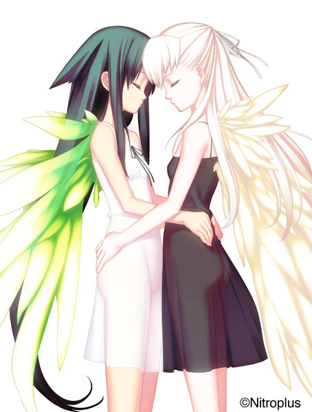 2girls angel_wings angelos_armas anri ass blonde_hair chuuou_higashiguchi company_connection creator_connection crossover dress closed_eyes flat_chest game_cg green_hair groin hair_ribbon henri hug long_hair multiple_girls nitroplus no_panties ribbon saya_(saya_no_uta) saya_no_uta see-through_clothes very_long_hair watermark white_hair wings