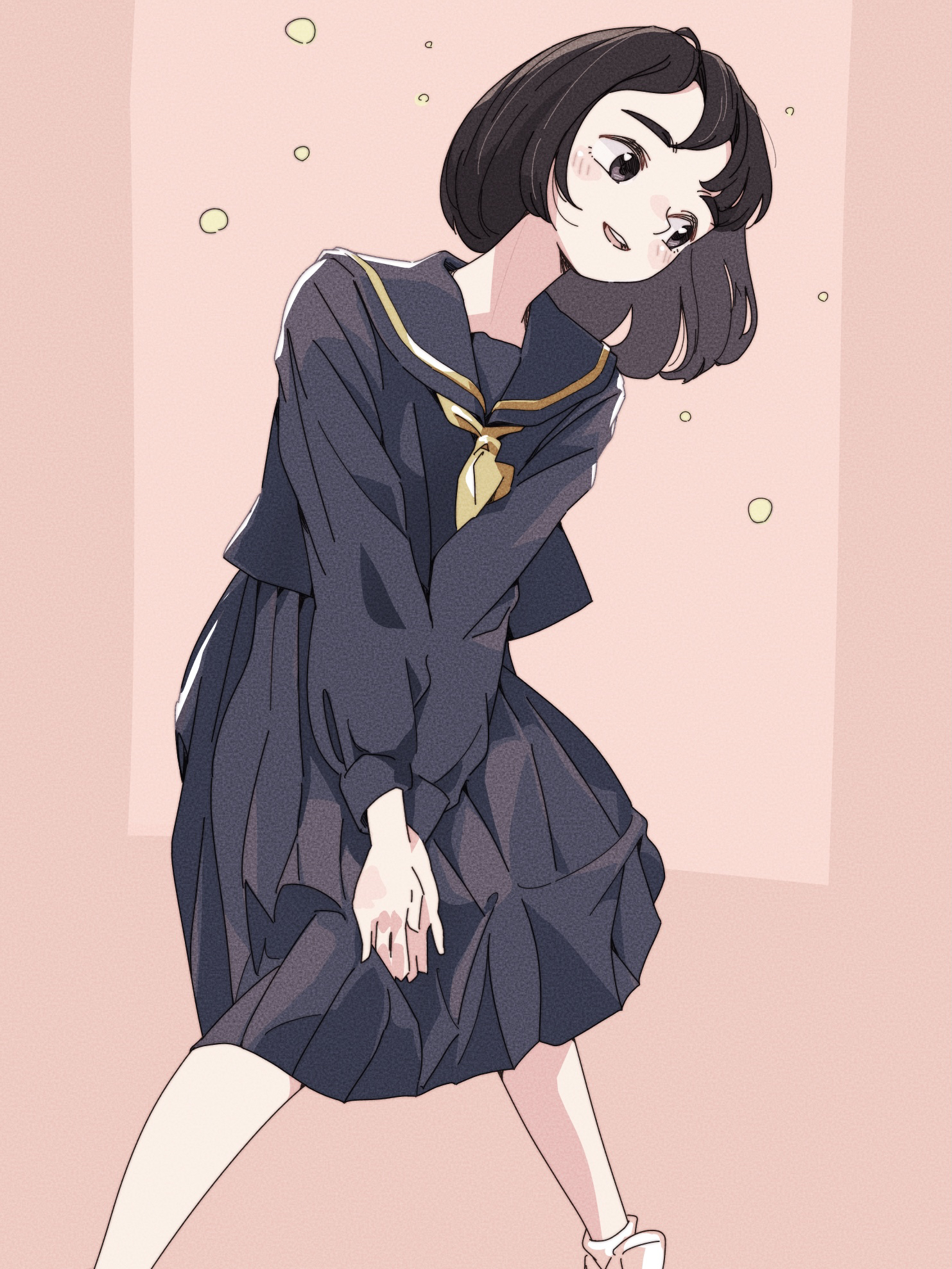 1girl :d black_hair black_sailor_collar black_serafuku black_shirt black_skirt blush blush_stickers bob_cut brown_eyes dress_shirt feet_out_of_frame hair_strand head_tilt highres kemono_friends knees_together_feet_apart long_sleeves neckerchief open_mouth pink-backed_pelican_(kemono_friends) pleated_skirt sailor_collar school_uniform serafuku shirt skirt smile socks solo standing tariki_fretless teeth thick_eyebrows upper_teeth_only white_footwear white_socks yellow_neckerchief