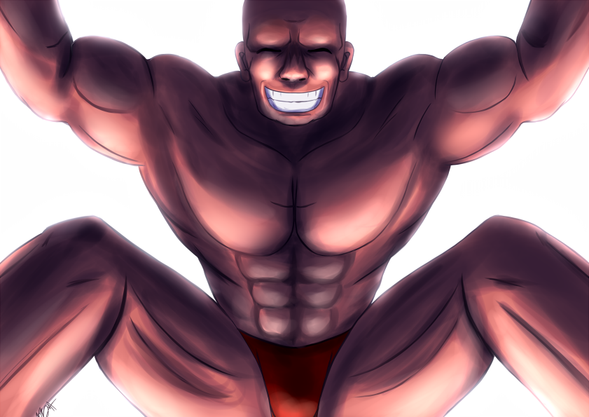 1boy abs adon_(cho_aniki) bald biceps cho_aniki dark-skinned_male dark_skin grin male_focus male_swimwear muscular rape_face red_male_swimwear smile solo swimsuit thong you_gonna_get_raped