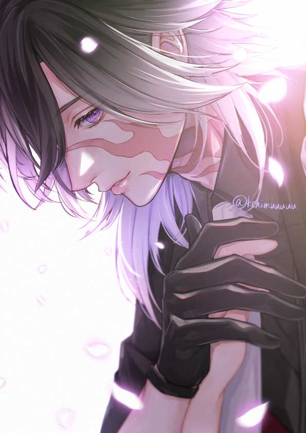 1boy artist_name black_gloves black_hair black_shirt burn_scar collared_shirt commentary falling_petals from_side gloves glowing glowing_petals gradient_hair hair_between_eyes hand_grab hand_on_another&#039;s_chest jikkyuu_mitsutada light_particles light_smile lips looking_at_viewer male_focus medium_hair multicolored_hair necktie out_of_frame parted_lips petals pov purple_eyes scar scar_on_face scar_on_neck shirt signature simple_background solo_focus touken_ranbu twitter_username upper_body white_background white_hair white_necktie wing_collar yuta_(kchimuuuuu)