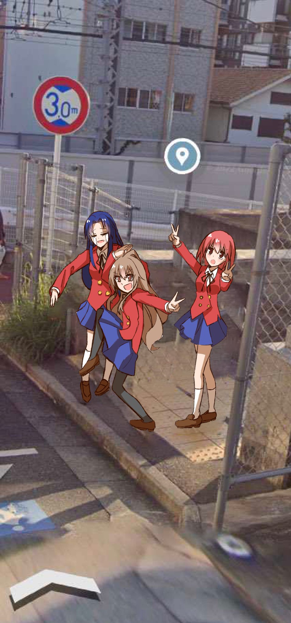 3girls aisaka_taiga blue_hair brown_eyes brown_hair double high_school_girls_posing_for_google_street_view_(meme) highres jacket kawashima_ami kushieda_minori meme multiple_girls photo-referenced photo_(medium) red_eyes red_hair red_jacket shirt tears thighhighs toradora! v white_shirt yukiart_83 zettai_ryouiki