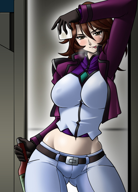 00s 1girl :p blush bottle breasts brown_eyes brown_hair contrapposto covered_erect_nipples curvy female_focus glass gloves gundam gundam_00 harada_shoutarou large_breasts midriff naughty_face navel skin_tight solo spandex standing sumeragi_lee_noriega tongue tongue_out