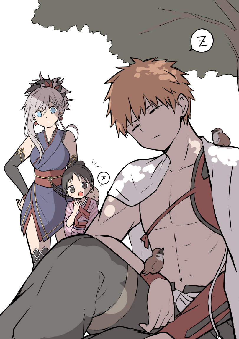 1boy 2girls animal animal_on_arm animal_on_shoulder bird bird_on_arm bird_on_shoulder black_eyes black_hair blue_eyes cape closed_eyes detached_sleeves emiya_shirou fate/grand_order fate/samurai_remnant fate_(series) grey_hair hair_bun japanese_clothes kimono miyamoto_musashi_(fate) multiple_girls ogasawara_kaya orange_hair pink_kimono senji_muramasa_(fate) short_kimono single_detached_sleeve single_hair_bun sleeping sleeping_upright spoken_zzz tree tree_shade white_cape yoyo_9ea zzz