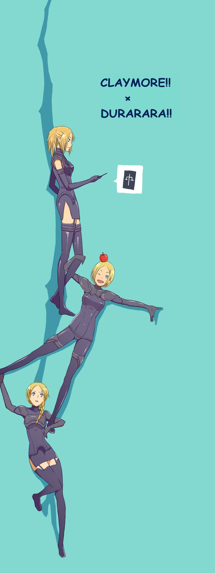 3girls apple balancing blonde_hair bodysuit boots braid claymore_(series) durarara!! food fruit helen highres long_image miria multiple_girls one_eye_closed osu parody short_hair tabitha_(claymore) tall_image thigh_boots thighhighs trust_me_(durarara!!) wink