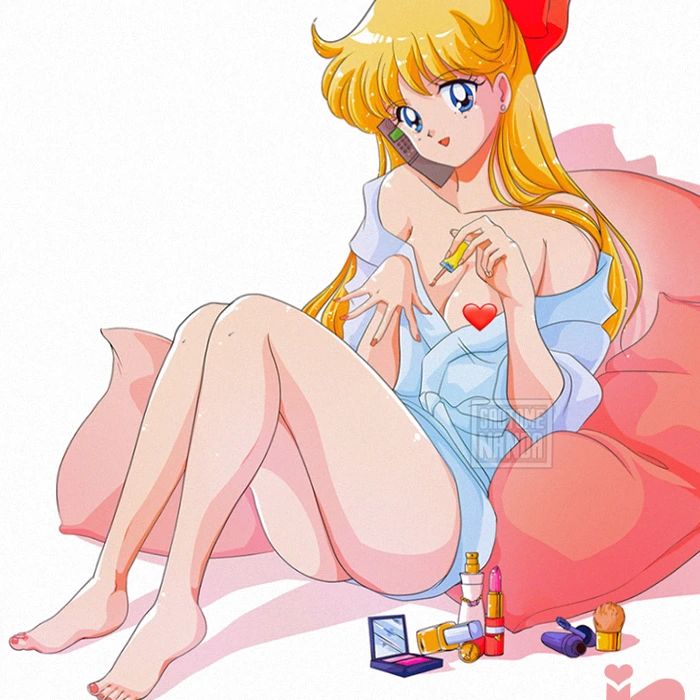 1990s_(style) 1girl aino_minako artist_name bare_shoulders barefoot bishoujo_senshi_sailor_moon blonde_hair blue_eyes bow breasts cellphone censored cleavage coat earrings female_focus flip_phone heart heart_censor jewelry long_hair makeup medium_breasts nail_polish phone red_bow retro_artstyle saotome_nanda simple_background solo thighs watermark white_background