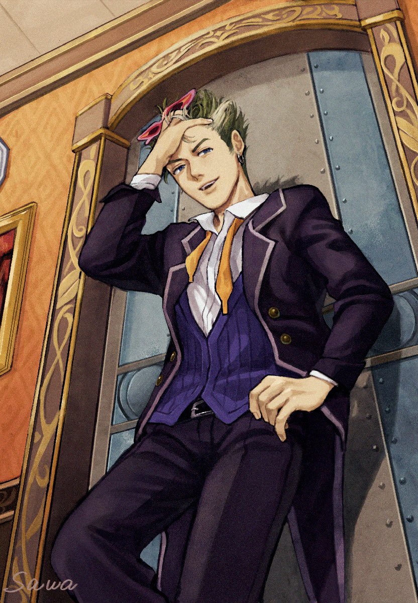 1boy against_door artist_name black_pants black_suit collar commentary_request earrings eiyuu_densetsu formal_clothes green_hair hand_on_own_head hand_on_own_hip highres indoors jewelry kevin_graham male_focus mask open_mouth pants sawaponu3 short_hair solo sora_no_kiseki suit teeth unworn_mask white_collar